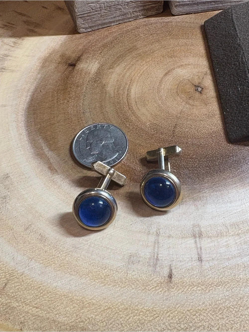 SWANK Silver Round Cufflinks with Deep Blue Glass